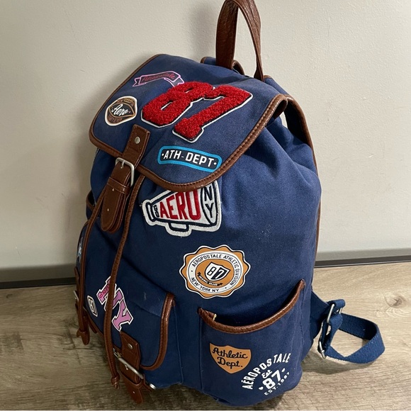VINTAGE Y2k Navy Blue AEROPOSTALE 87 Varsity CANVAS Backpack BOOK BAG Drawstring - Picture 3 of 5